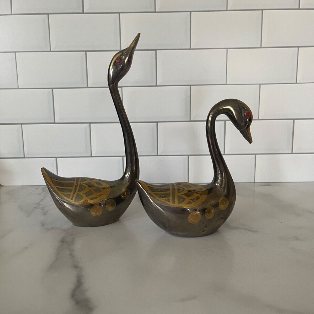 Brass Duck Pair Statue Home Decor 8" & 5.5" Set of 2